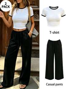 1 Set Women White Short Sleeve T-Shirt And Solid Color Drawstring Casual Pants - Multicolor - View 1