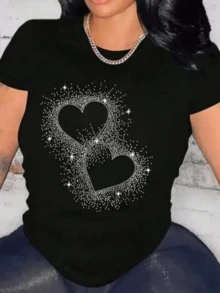 Two Hearts Shining Amidst Silver Sparkles Symbolize Eternal Love, A Deep Connection, And Positive Energy-Perfect For Reflecting Sincere Emotions. A Modern, Comfortable, Casual Women's T-Shirt For Everyday Wear. - 黑色 - 查看 8