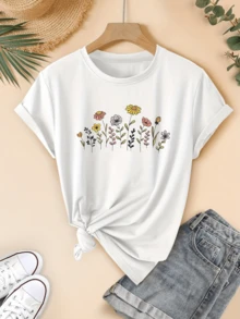Colorful Flowers Symbolizing Joy, Hope, And Connection With Nature Create A Feeling Of Freshness And Freedom. Women's Casual Short-Sleeved White T-Shirt For Summer - 白色 - 查看 1