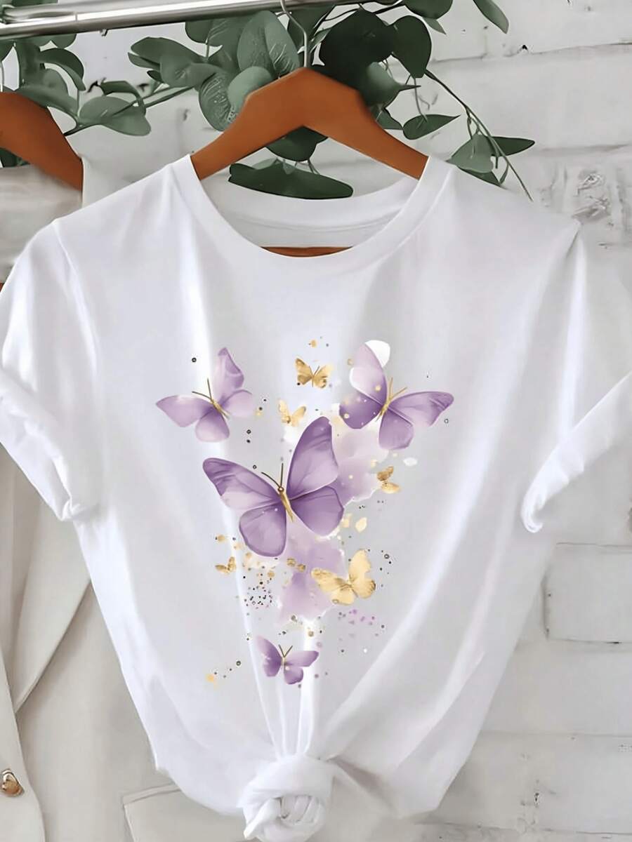 Purple And Gold Butterflies Symbolizing Freedom, Hope, And Transformation, Surrounded By Subtle Sparkle And A Romantic Air. Women's Casual, Modern, Comfortable T-Shirt For Everyday Wear - 白色 - 查看 1