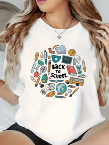 Colorful Symbols Representing Back To School With Books, Pencils, Balloons, Buses, And School Elements That Inspire Knowledge, Creativity, And Youthful Energy. Comfortable Casual Women's T-Shirt For Everyday Wear. - 白色 - 查看 1