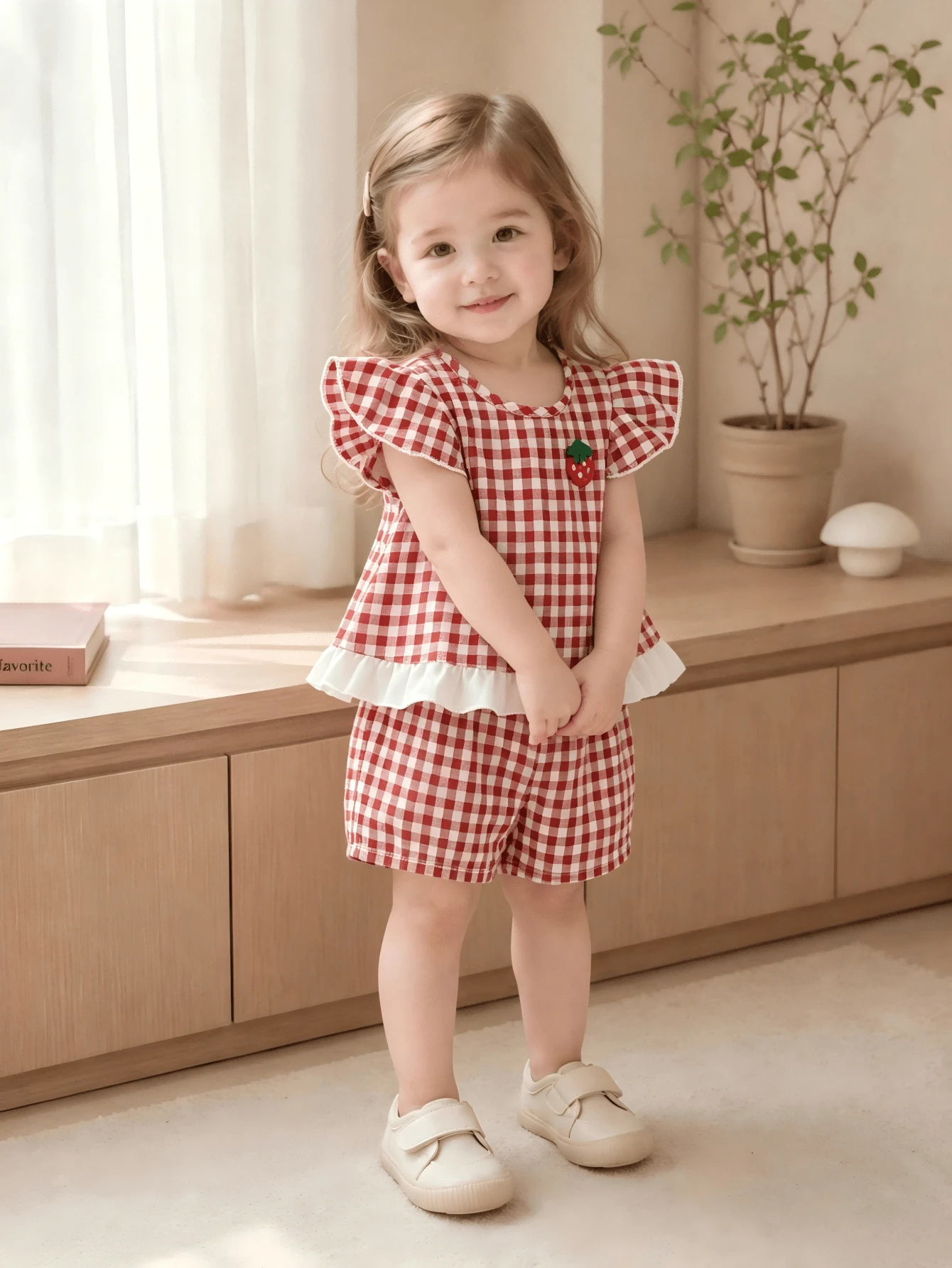 Baby Girl Summer 2-Piece Set: Red & White Patches Strawberry Print, Cap Sleeve Top With White Ruffle Hem, Lightweight & Breathable For Daily Wear, Outings, Parties, Picnics - Red - View 1
