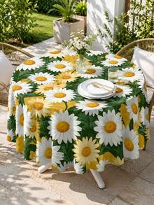 1pc Daisy Flower Print Round Tablecloth, Fresh Spring/Summer Table Linen Decor, Suitable For Dining Room, Kitchen, Outdoor Patio, Picnic Party, Wedding Setup, Room Decor, Home Decor, Wedding Decor, Kitchen Decor - Multicolor - View 2