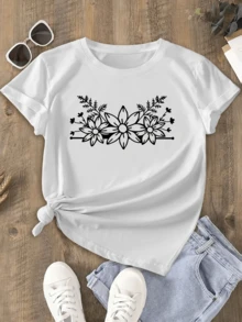 Flowers Drawn In Black Lines Symbolizing The Harmony Between Nature And Feminine Beauty, With Branches Evoking Calm And Elegance. Casual Women's T-Shirt With Artistic Print, Ideal For Everyday Wear. - 白色 - 查看 1