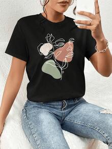 Abstract Female Face Formed By Soft Lines And Flowers Symbolizing The Union Between Inner Beauty And Nature, Conveying Serenity And Confidence. A Modern And Comfortable Casual Women's T-Shirt For Everyday Wear. - 黑色 - 查看 8