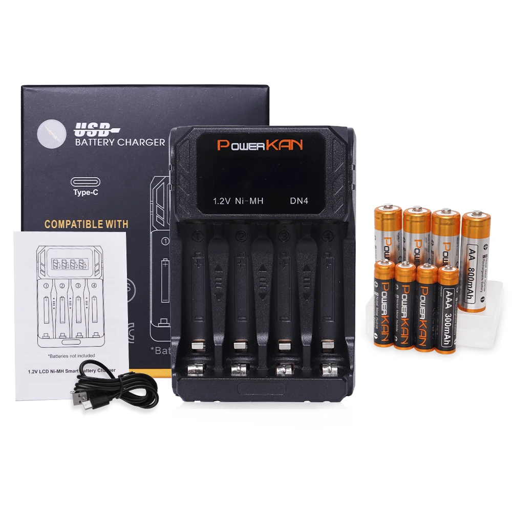 POWERKAN USB-C Fast Charger With LCD Display: 4 Independent Slots For AA/AAA NiMH Batteries, Includes 4/8pcs 1.2V Rechargeable Batteries (AA/AAA Mixed Optional), Real-Time Charging Status At A Glance
