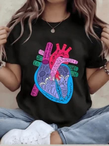 Multicolored Anatomical Heart Symbolizing Inner Strength And Balance Between Mind And Emotions With Artistic Medical Lettering, Comfortable Modern Casual Women's T-Shirt - Black - View 6