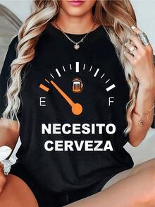 Fuel Gauge Featuring A Beer Mug, Representing The Energy Of Someone Who Enjoys Life And Humor In Everyday Moments. Funny Casual Women's T-Shirt, Ideal As A Gift. - 黑色 - 查看 8