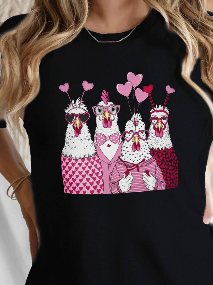 Cheerful Chickens With Glasses And Hearts Symbolizing Friendship, Happiness, And Love In Pink Tones That Convey Positive Energy. Comfortable Casual Women's T-Shirt For Everyday Wear. - 黑色 - 查看 1