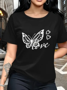 Mariposa que simboliza transformación libertad y amor con dos corazones que representan ternura y conexión emocional entre almas ideales para transmitir positividad camiseta de mujer casual cómoda y moderna para uso diario - Negro - Ver 6
