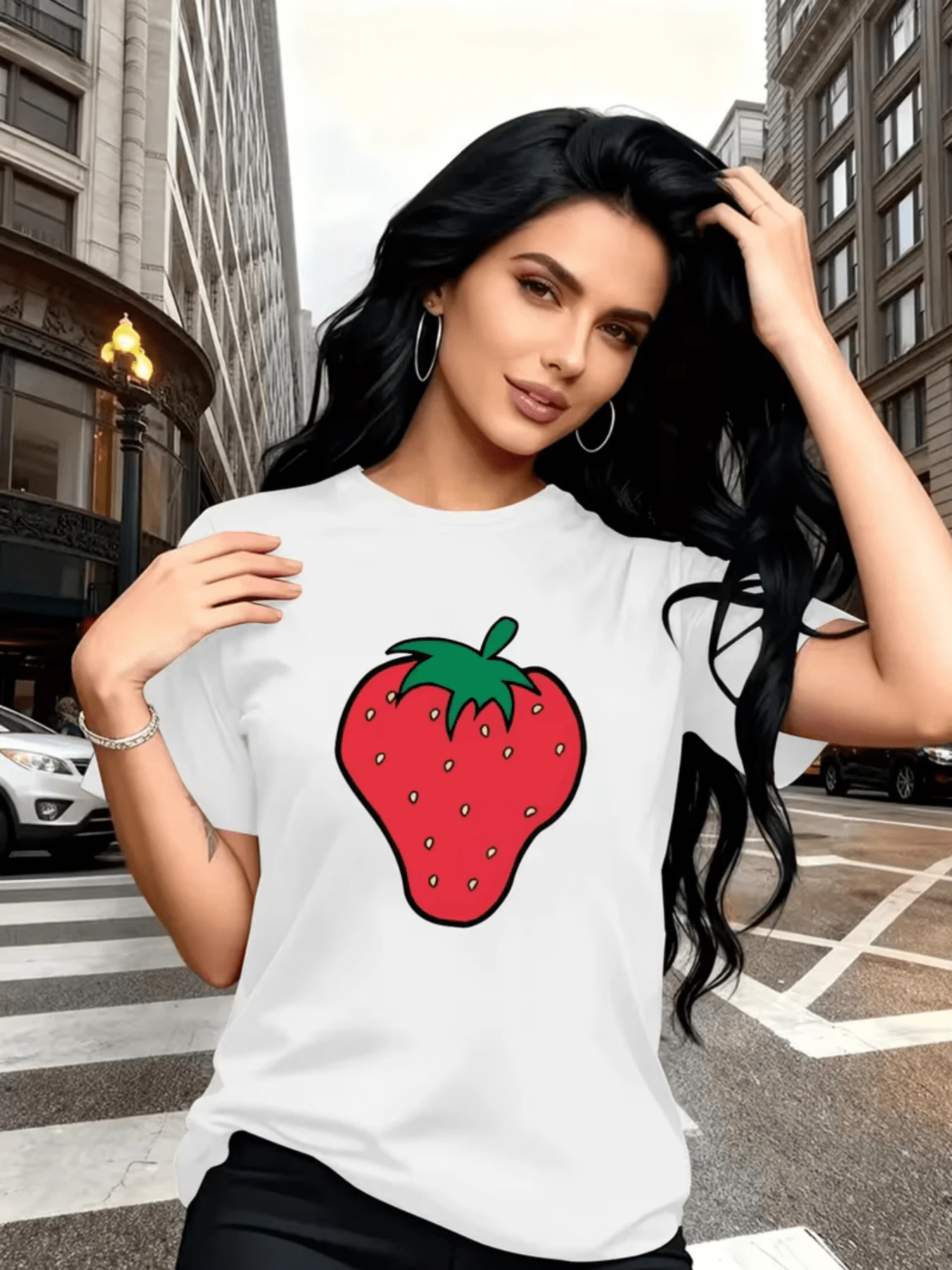A Large Red Strawberry With Green Leaves Symbolizes Natural Sweetness, Freshness, And Youthful Optimism With A Fun Touch. A Modern, Comfortable, Casual Women's T-Shirt For Everyday Wear. - 白色 - 查看 1