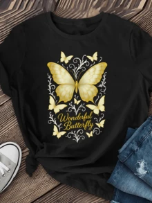 Mariposas doradas que simbolizan la libertad la transformación interior y la belleza del alma rodeadas de elegantes trazos que evocan movimiento y esperanza camiseta de mujer casual cómoda para uso diario - Negro - Ver 6
