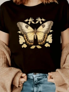 Golden Butterfly Surrounded By Soft Flowers Symbolizing Inner Freedom And Spiritual Transformation With Elegant Details And A Natural Touch, Modern Casual Women's T-Shirt - 黑色 - 查看 6