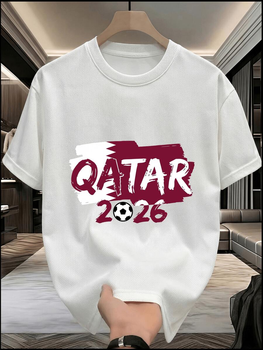 Officially Licensed World Cup Solid Color Print Short-Sleeve T-Shirt, Made Of Breathable Mesh, Slim Fit, Loose Style, Anniversary Or Birthday Gift, Men's Summer Clothing. - 白色 - 查看 1