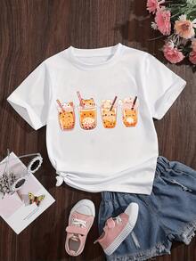 Adorable Cats Enjoying Bubbly Drinks Represent Sweet Moments And Relaxed Joy On A Sunny Day. Casual White Women's T-Shirt With A Fun Print And Youthful Touch - 白色 - 查看 1