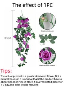 Nejlue Artificial Flowers/Plants1111 Home & Living 1/2支紫色仿真玫瑰藤蔓花，春季玫瑰装饰，悬挂式花卉，适用于家居装饰、房间装饰、墙面装饰、婚礼拱门、卧室、桌面、生日派对、花园、室内外装饰，春夏季节适用。 - 紫色 - 查看 8