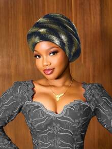 1pc Metallic Color Headscarf, African Style Pleated Headwrap, Pre-Tied Headpiece For Women, Multi-Color Options - A - View 17