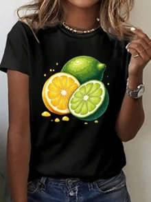 Juicy Slices Of Lemon And Orange Evoke Tropical Freshness And Summer Energy With Vibrant Tones, Ideal For Your Everyday Look. A Modern And Comfortable Casual Women's T-Shirt. - 黑色 - 查看 1