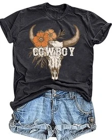 Bull Skull With Strong Horns Surrounded By Orange Flowers Symbolizing Power And Nature In Balance. Women's Casual Modern Comfortable T-Shirt For Everyday Wear - 黑色 - 查看 8