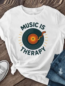 Un disco girando con tonos cálidos simboliza la energía curativa de la música que eleva el ánimo y conecta con la pasión artística camiseta de mujer casual cómoda moderna perfecta para amantes del ritmo - Blanco - Ver 1