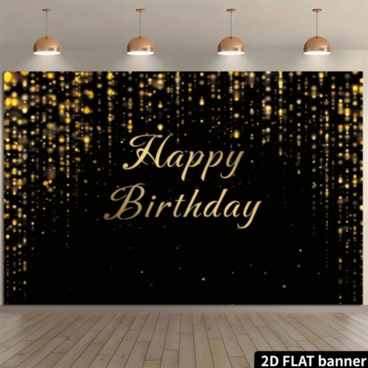 2D Flat Birthday Party Banner Background Black With Gold Glitter Happy Birthday Theme, Featuring Gold Handwritten English Lettering Elements, Made Of Polyester Material, No Power Required, Suitable For Indoor And Outdoor Birthday Celebrations, Can Be Used As Multi-Functional Wall Decor, Photo Backdrop, Applicable For Home Gatherings, Office Events, Outdoor Parties, Studio Setup, Holiday Gift Giving, Lightweight And Easy To Hang, Exquisite And High-End Decorative Effect With Strong Atmosphere