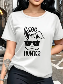 Conejo con gafas de estrellas que simboliza alegría y espíritu aventurero para la búsqueda de huevos de Pascua camiseta de mujer casual moderna cómoda y divertida - Blanco - Ver 6