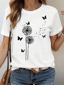Flores de diente de león que liberan sus semillas al viento junto a mariposas simbolizando libertad esperanza y nuevos comienzos camiseta de mujer casual cómoda para uso diario - Blanco - Ver 8