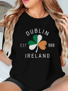 Trébol tricolor que representa la suerte y el espíritu irlandés con letras que evocan orgullo por Dublín e Irlanda camiseta de mujer casual cómoda y moderna para uso diario - Negro - Ver 6