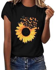 A Bright Sunflower With Butterflies Symbolizing Freedom, Hope, And Transformation Forms A Set That Evokes Positive Energy And Joy, Ideal For Optimistic Spirits. A Comfortable And Modern Casual Women's T-Shirt. - 黑色 - 查看 1