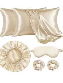 6pcs Women's Sleeping Cap, Pillowcase, Scrunchie, Eye Mask Set, Casual Polyester Satin Solid Color Suit, Gift For Daily, Vacation, All Seasons - 6-piece Set - View 10