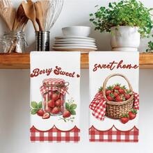 2pcs Minimalist Daily Kitchen Strawberry Pattern Kitchen Towels, Soft Polyester Material Dish Cloths, Suitable For Kitchen Decor, Kitchen Cleaning, Holiday Party Decoration, Kitchen & Bathroom Essentials, Home Decor, Housewarming Gift - Multicolor - View 2