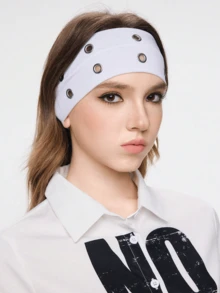 女士半条装宽孔眼发带，朋克Y2K风格8孔弹力发圈，休闲黑白发饰，适合女孩沙滩佩戴 - 彩色 - 查看 5