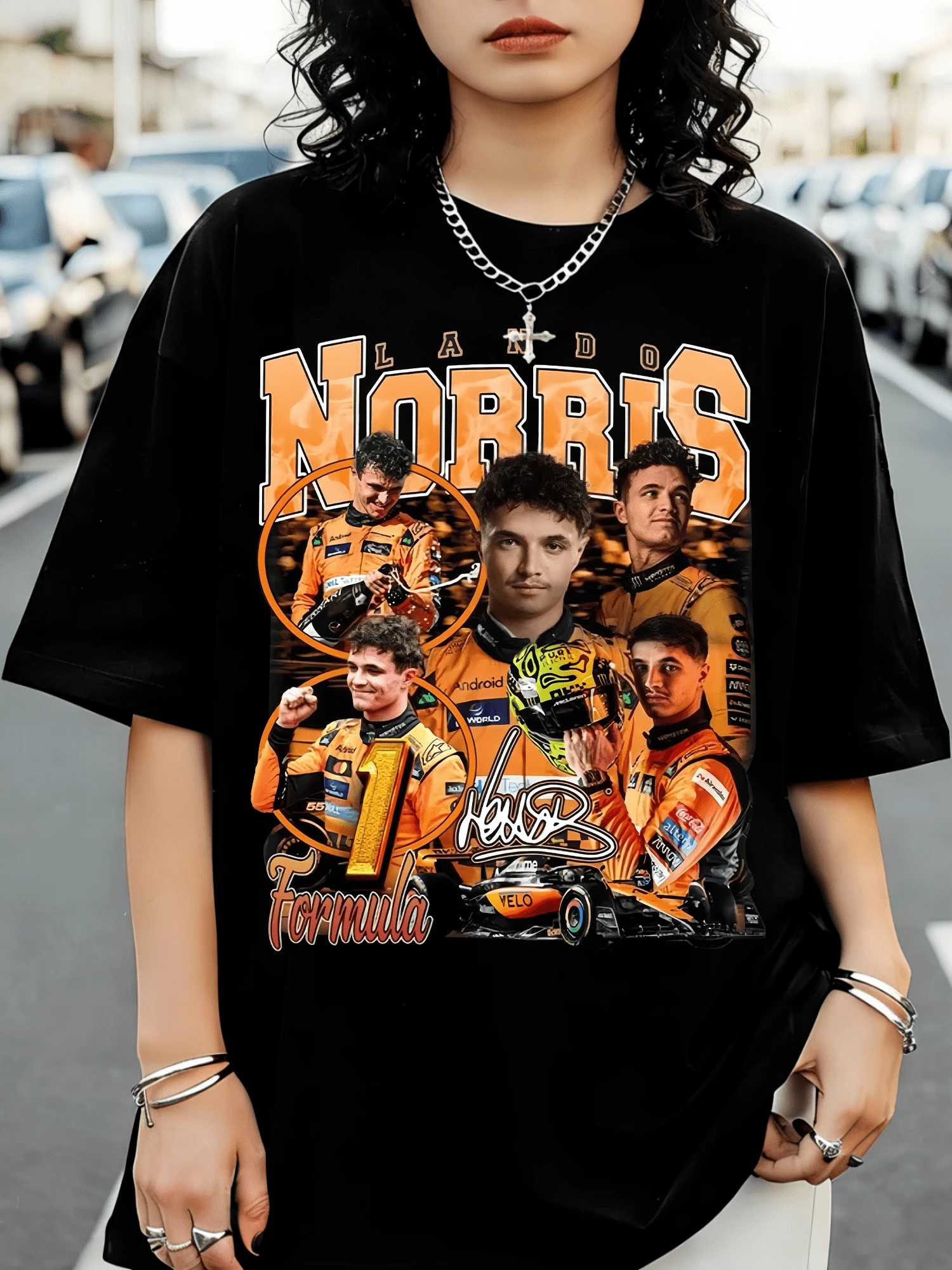 L-LandoS N-NorrisS F-FormulaS 1 M-McLarenS F1 Driver Bootleg 90s Retro Oversized Black Graphic T-Shirt - Black - View 1