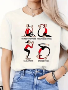 Fun Image Showing A Person Performing Different Yoga Poses With A Cheerful Attitude, Conveying Peace, Balance, And Positive Energy. Ideal For Those Who Love Well-Being. Comfortable, Modern, Casual Women's T-Shirt For Everyday Wear. - 白色 - 查看 8