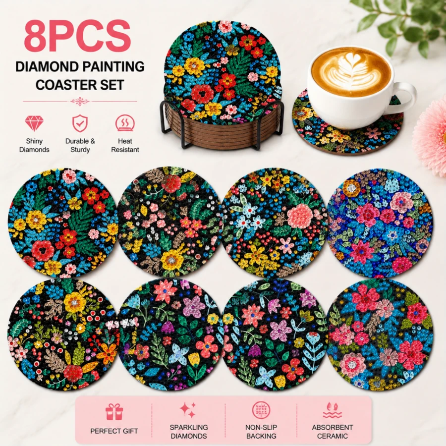 8件套花卉钻石画杯垫套装，圆形亮面钻石，强力背胶，工具齐全，适合初学者，减压手工，新年、情人节、圣诞节、教师节礼物，家居装饰杯垫，送给家人、朋友、女朋友、老师