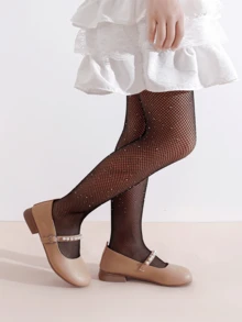 3 Pairs Girls' Rhinestone Fishnet Tights, Black/White/Skin Tone, Children's Breathable Hollow Rhinestone Stockings, Party Princess Style - Multicolor - View 3