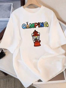 Red Lanterns And Colorful Lettering Evoke Outdoor Adventure And The Spirit Of Camping Under The Stars. Comfortable Casual Women's T-Shirt For Walks And Travel. - 白色 - 查看 6