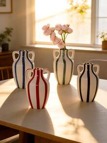 Cabin Kangaroo 1pc Colorful Striped Ceramic Vase With Handles, Hand-Painted Double-Ear Flower Vase, Modern Home Decor Vase Suitable For Living Room, Bedroom, Entrance, Office Desk, Centerpiece, Gift - Multicolor - View 6