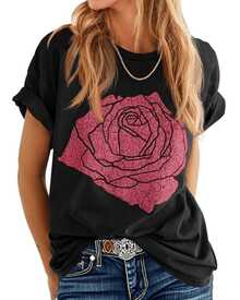 A Large Red Rose With A Cracked Texture Symbolizes Passion, Inner Strength, And Beauty That Endures Through Time. A Modern, Comfortable, Casual Women's T-Shirt For Everyday Wear. - 黑色 - 查看 1