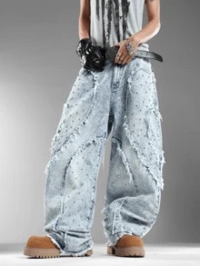 Men's Loose Wide Leg Denim Pants,Classic Washed Cat Whisker Design,Retro Nostalgic,Leisure Fashion (Belt & Accessories Not Included) - Blue - View 8