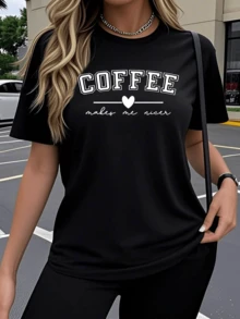 Text With The Word COFFEE In Large Letters Accompanied By A Heart That Symbolizes The Energy And Sweetness That Coffee Transmits. Modern Casual Women's T-Shirt Ideal For Everyday Wear, Comfortable And With An Urban Touch - 黑色 - 查看 6