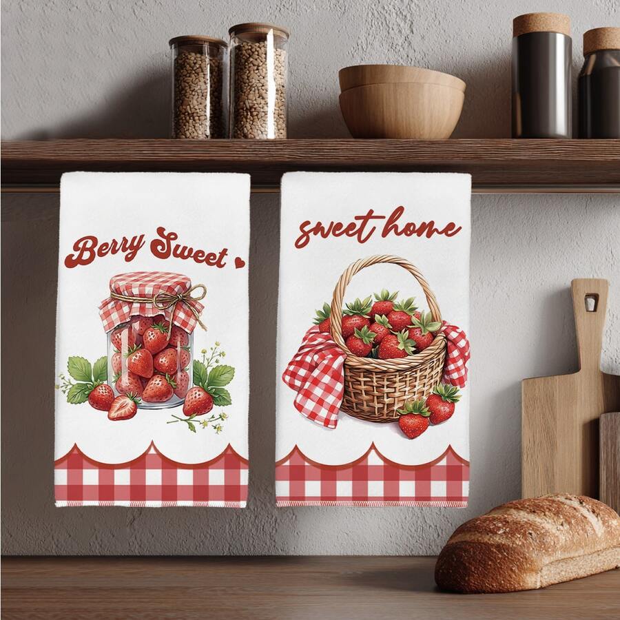 2pcs Minimalist Daily Kitchen Strawberry Pattern Kitchen Towels, Soft Polyester Material Dish Cloths, Suitable For Kitchen Decor, Kitchen Cleaning, Holiday Party Decoration, Kitchen & Bathroom Essentials, Home Decor, Housewarming Gift - Multicolor - View 1