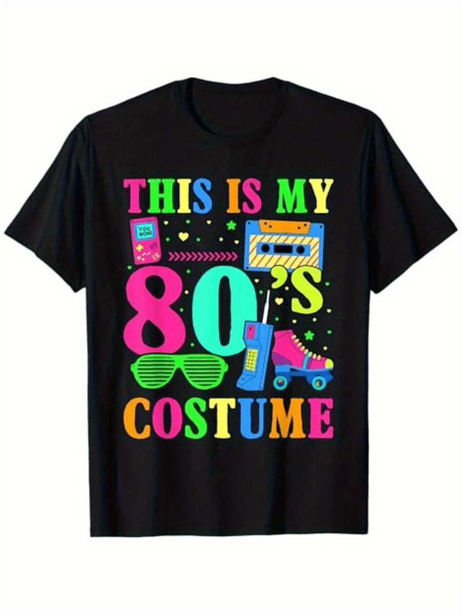 Men's Retro 80s Neon Print T-Shirt - Party Wear With Duct Tape, , And Pop Art Designs - 80s Theme Party Outfit, Machine Washable Crew Neck Casual T-Shirt, Suitable For 80s Nostalgic Events And Casual Wear - Bright Neon Colors, Loose Fit, Suitable For All Seasons, Digital Print, Adult Size, Fun Retro 80s Design With Duct Tape And Neon Details. - 黑色 - 查看 1