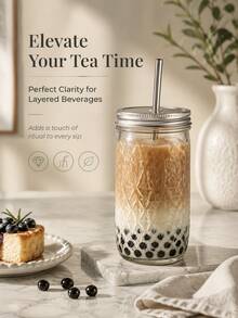 1 Piece (Set) Large-Capacity Heat-Resistant Transparent Glass Mason Jar (With Lid And Straw), Suitable For Boba Milk Tea, Coffee, Juice And Cold Drink - 無色 - 查看 6