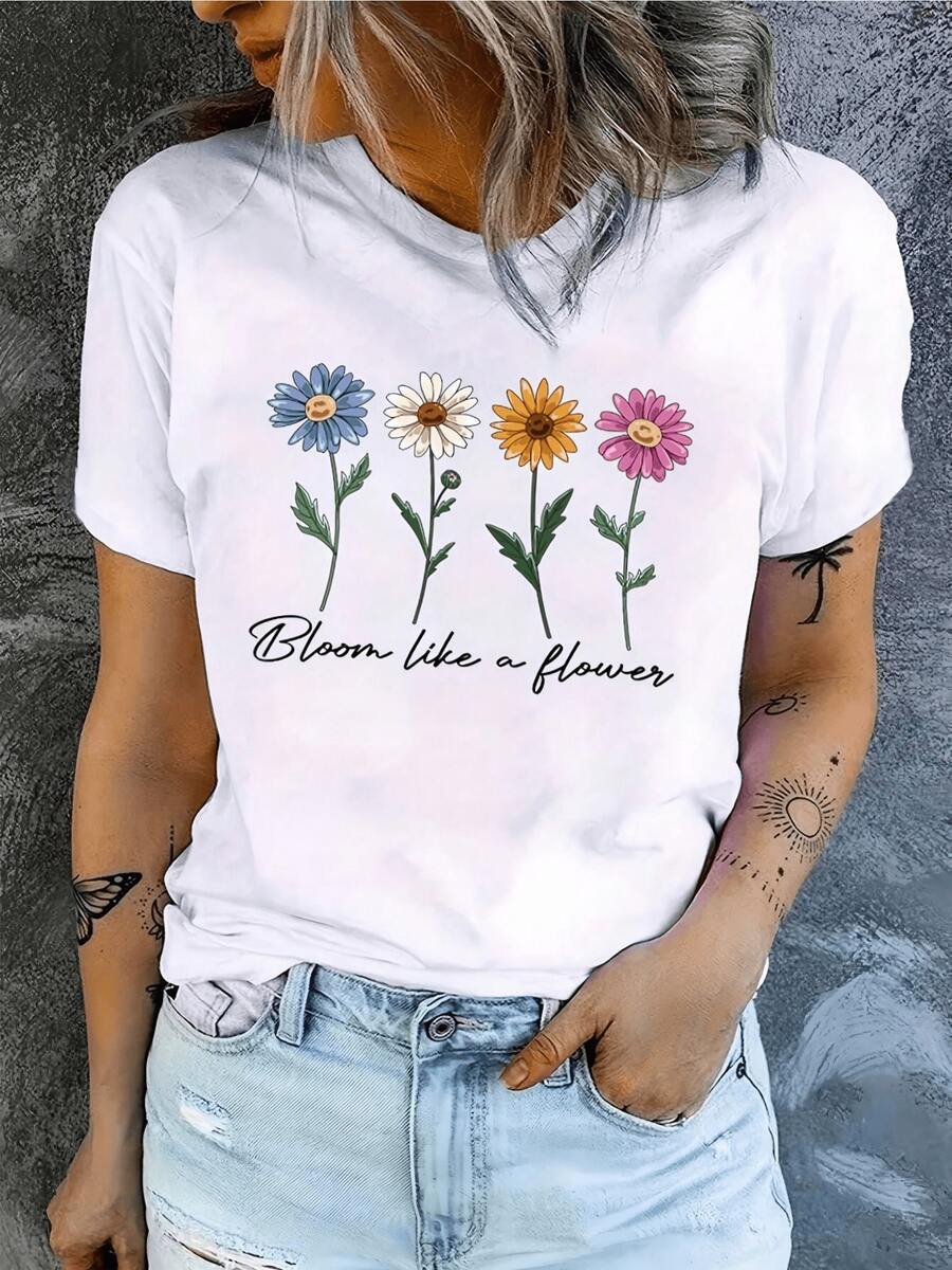 Four Colorful Flowers With Smiling Faces Symbolize Joy, Hope, And The Beauty Of Growing With Positivity. A Stylish And Modern Women's Casual T-Shirt With A Motivational Print. - 白色 - 查看 1