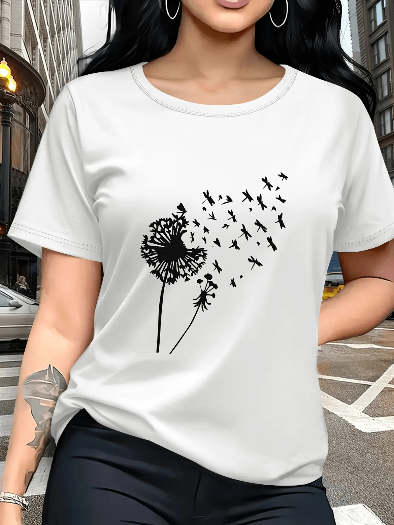 Dandelion Releasing Its Seeds Transformed Into Birds, Symbolizing Freedom, Hope, And New Beginnings. Casual, Comfortable, And Modern Women's T-Shirt For Everyday Wear. - 白色 - 查看 1