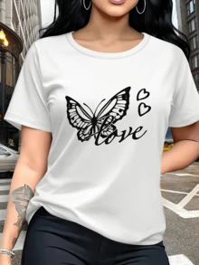 Mariposa que simboliza transformación libertad y amor con dos corazones que representan ternura y conexión emocional entre almas ideales para transmitir positividad camiseta de mujer casual cómoda y moderna para uso diario - Blanco - Ver 6