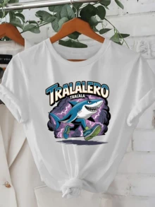 Cartoon Shark Running Energetically Through Purple Lightning, Displaying Youthful Bravery And A Fun Attitude, Ideal For Conveying Confidence And Dynamism. Modern Casual Women's T-Shirt - 白色 - 查看 6