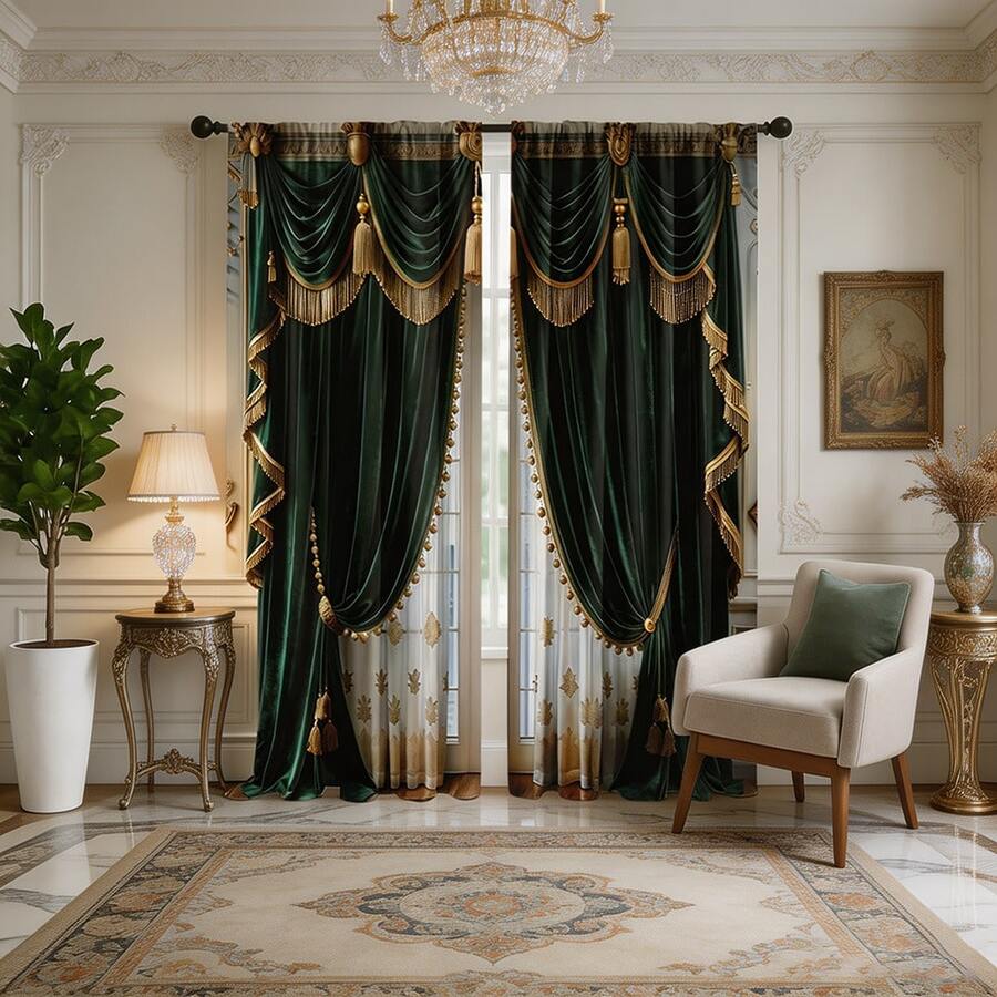 2 buah Tirai Motif Datar Gaya Istana Eropa, Desain Satin Hijau Tua, Memancarkan Kemewahan dan Keanggunan, Cocok untuk Dekorasi Ruang Tamu dan Kamar Tidur Kelas Atas, Kantong Batang, Bahan 100% Poliester