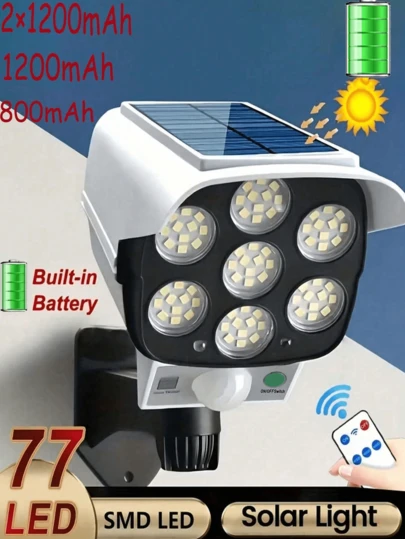 1/2 Pcs Outdoor Solar Lights, 3000 Lumens, Fake Security Camera Design, Motion Sensor, Yard Wall Lamp | 1200/2400mAh Solar Powered, Remote Control, Outdoor Emergency Light, Camping Light, Garden Decor Security Solar Light - 77 LED/77 COB Bulb Options, 1 Remote Fits Both Models, Ideal For Patio, Garage, Garden, Entryway, Backyard, Halloween/Christmas/Thanksgiving Lighting And Gifts